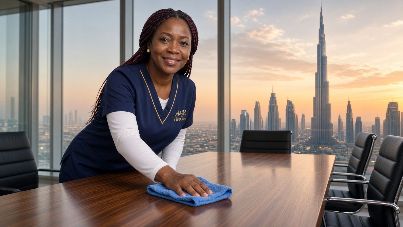 A&M PureCare commercial cleaner in branded navy uniform, Dubai office