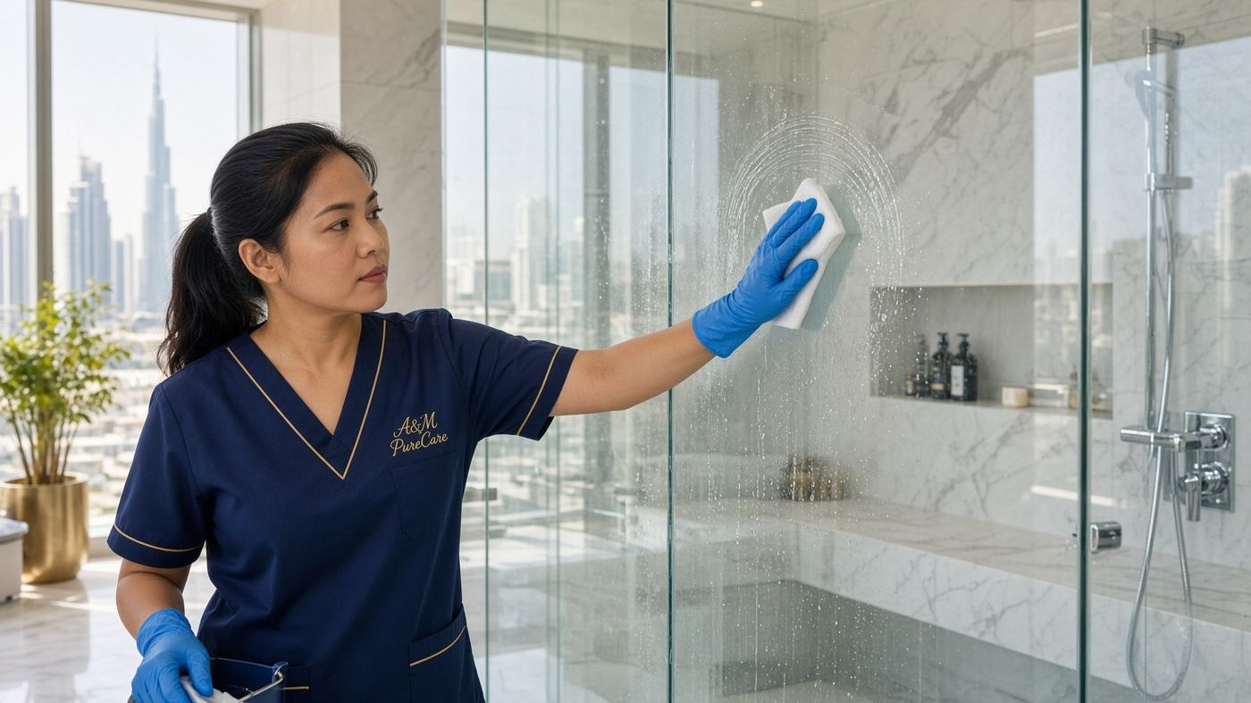 Deep cleaning in Dubai — A&M PureCare crew in a villa bathroom