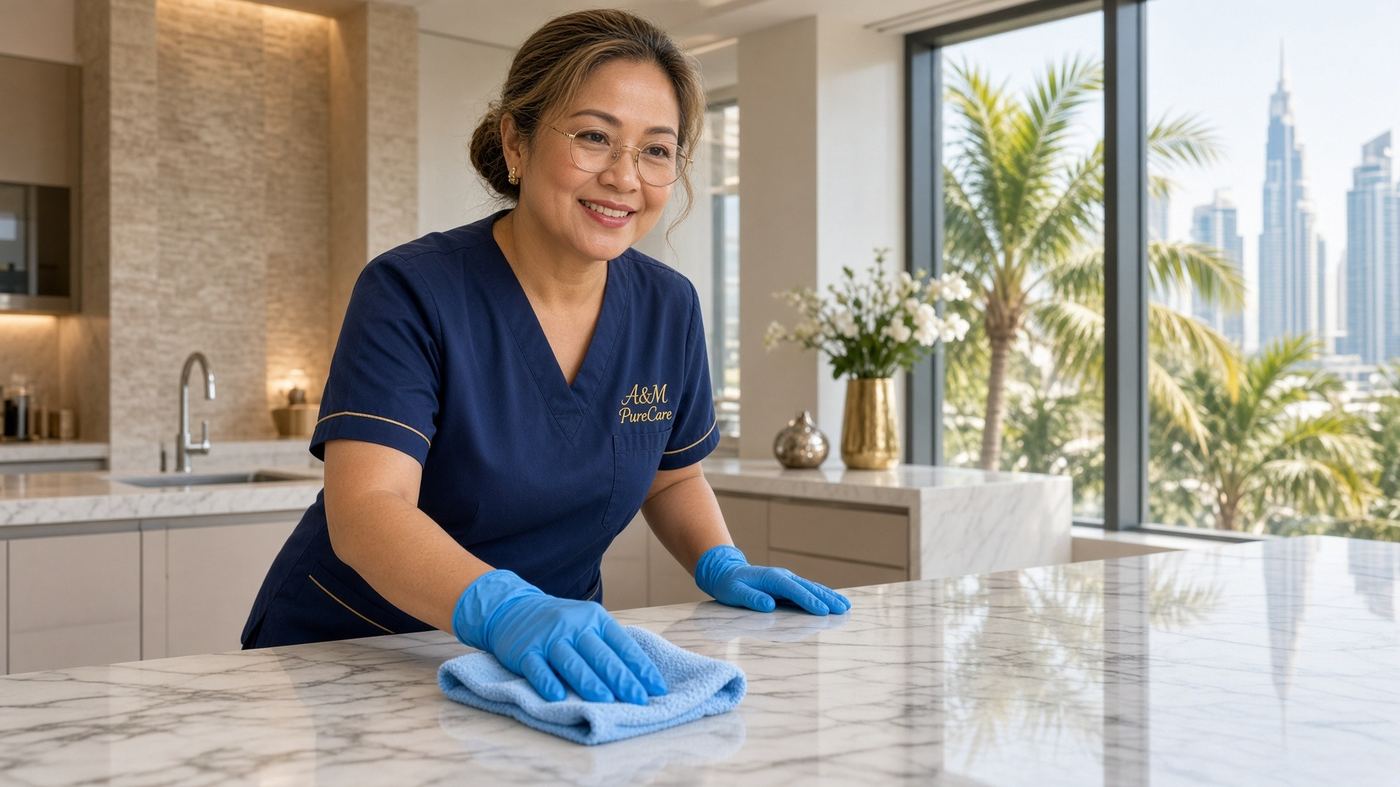 Home cleaning in Dubai — A&M PureCare cleaner in a villa kitchen